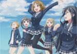  5girls absurdres akiyama_mio bangs black_hair black_legwear blonde_hair blue_eyes brown_eyes brown_footwear brown_hair cloud cloudy_sky eyebrows_visible_through_hair full_body grin hair_ornament hairband hairclip highres hirasawa_yui huge_filesize jumping k-on! kakifly kotobuki_tsumugi loafers long_hair long_sleeves multiple_girls nakano_azusa official_art open_mouth pantyhose pleated_skirt ribbon round_teeth scan scan_artifacts school_uniform shirt shoes short_hair skirt sky smile tainaka_ritsu teeth thick_eyebrows thighs 