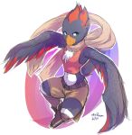  anthro avian beak belt bird bottomwear chest_tuft clothed clothing feathered_wings feathers female footwear green_eyes hi_res midriff mtraon shorts solo tuft winged_arms wings 