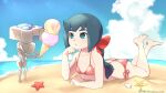 1girl arikindows10 ass bangs barefoot beach bikini blue_eyes blue_hair blue_sky blush bow breasts butt_crack cloud collarbone commission constanze_amalie_von_braunschbank-albrechtsberger double_scoop feet food full_body hair_bow head_on_hand highres holding holding_food ice_cream legs little_witch_academia long_hair lying ocean on_stomach parted_lips ponytail red_bikini red_bow red_swimsuit robot sand seashell shell sidelocks sky small_breasts stanbot_(little_witch_academia) starfish swimsuit the_pose thick_eyebrows thighs twitter_username 