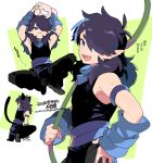  1boy animal_ears arms_up dated fengxi_(the_legend_of_luoxiaohei) hair_over_one_eye hand_on_hip highres multiple_views open_mouth purple_eyes shirt sleeveless sleeveless_shirt smile tail the_legend_of_luo_xiaohei twitter_username upper_body vox younger 