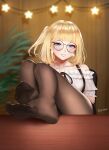  1girl bare_shoulders blonde_hair blue_eyes blurry blurry_background blush brown_legwear collarbone desk dress earrings easonx feet feet_up glasses grin highres hololive hololive_english jewelry legs_on_table looking_at_viewer medium_hair overall_skirt pantyhose side_ponytail signature smile thick_thighs thighs toes tsurime virtual_youtuber watson_amelia 