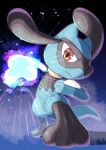  :t absurdres closed_mouth commentary_request from_below full_body gen_4_pokemon glowing hatoro_kuroyoshi highres incoming_attack legs_apart looking_at_viewer pokemon pokemon_(creature) red_eyes riolu solo standing toes 