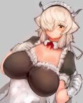  1girl alternate_costume animal_ears apron bangs black_horns blonde_hair blush breasts cleavage closed_mouth detached_collar dutch_angle enmaided extra_ears eyebrows_visible_through_hair gloves grey_background grey_horns hair_over_one_eye hair_ribbon hand_on_own_chest hands_up highres horns huge_breasts kemono_friends kemono_friends_3 long_hair looking_down maid maid_apron maid_headdress multicolored_horns ox_ears ox_horns puffy_short_sleeves puffy_sleeves ribbon shibori_kasu short_sleeves sidelocks simple_background sketch solo underbust upper_body waist_apron white_apron white_horns yak_(kemono_friends) 