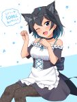  1girl ;d absurdres animal_ear_fluff animal_ears apron bangs bare_shoulders black_choker black_eyes black_hair blue_hair blue_nails blush breasts cat_ears choker commentary_request eyebrows_visible_through_hair frills gradient_hair greater_lophorina_(kemono_friends) head_wings highres kemono_friends kemonomimi_mode maid medium_breasts multicolored_hair one_eye_closed open_mouth pantyhose paw_pose polka_dot polka_dot_legwear shiraha_maru short_hair short_sleeves simple_background smile solo tail waist_apron 