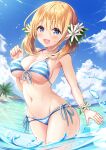  1girl :d bare_arms bare_shoulders bikini blonde_hair blue_bikini blue_eyes bracelet breasts cleavage collarbone day front-tie_bikini front-tie_top groin halterneck hand_up highres jewelry large_breasts long_hair looking_at_viewer multi-strapped_bikini navel open_mouth original outdoors sakura_ani side-tie_bikini smile solo stomach string_bikini striped striped_bikini summer sunlight swimsuit thighs twintails wading water 