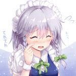  1girl bangs blue_dress blush bow closed_eyes dress eyebrows_visible_through_hair green_bow green_neckwear hair_between_eyes hand_on_own_face hand_up highres izayoi_sakuya open_mouth riretsuto short_hair short_sleeves short_twintails silver_hair smile solo touhou twintails white_headwear white_sleeves 