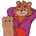  anthro brown_body brown_fur clothed clothing feet foot_fetish foot_focus foot_play fully_clothed fur hindpaw jacket kintuse macro male mammal micro pawpads paws purple_eyes robmouse67 smashcuenta123 smile smirk solo topwear ursid 