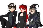  1girl 2boys absurdres akechi_gorou amamiya_ren annoyed arm_belt arm_on_knee arm_up athletic_leotard bangs belt black_belt black_cape black_choker black_coat black_gloves black_hair black_jacket black_legwear black_leotard black_mask black_ribbon cape choker clenched_hand coat coattails collar collared_coat collared_jacket collared_shirt cropped_jacket dress_shirt eveekoo flower flower_ornament frilled_sleeves frills gloves grey_eyes grey_shirt hair_between_eyes hair_ribbon hand_on_floor hand_on_own_face happy head_tilt high_collar highres horned_mask horns hunched_over jacket knees_up leg_belt legs_up leotard light_smile long_sleeves looking_at_viewer looking_down mask mask_on_head mask_removed masquerade_mask md5_mismatch multiple_boys open_mouth persona persona_5 persona_5_the_royal red_eyes red_gloves red_hair ribbon rose shirt simple_background smile striped striped_clothes swept_bangs thighhighs torn_clothes torn_sleeves trench_coat v_arms white_background white_mask yoshizawa_kasumi 