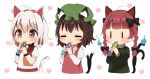  3girls ahoge animal_ear_fluff animal_ears antidote cat_ears cat_tail chen closed_eyes commentary_request cropped_torso eating goutokuji_mike hat highres kaenbyou_rin mob_cap multicolored_hair multiple_girls multiple_tails nekomata red_eyes silver_hair simple_background streaked_hair tail touhou two_tails upper_body white_background |_| 