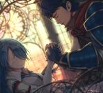  1boy 1girl armor blue_armor blue_gloves blue_hair blush cape closed_eyes closed_mouth dark_blue_hair dated fantasy fingerless_gloves fire_emblem fire_emblem:_radiant_dawn gloves hair_over_one_eye headband highres holding_hands ike_(fire_emblem) light_blue_hair long_hair lucia_(fire_emblem) parted_lips pauldrons red_cape shoulder_armor signature smile vambraces white_gloves window zeniyan 