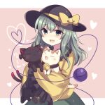  3girls :3 :d animal bangs bell black_bow black_headwear border bow cat closed_mouth commentary eyebrows_visible_through_hair goutokuji_mike goutokuji_mike_(cat) green_eyes green_hair hair_between_eyes hat hat_bow heart heart_of_string highres holding holding_animal kaenbyou_rin kaenbyou_rin_(cat) komeiji_koishi long_hair long_sleeves looking_at_viewer multiple_girls neck_bell open_mouth pink_background shirt smile subaru_(subachoco) third_eye touhou upper_body white_border wide_sleeves yellow_bow yellow_shirt 