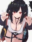  1girl arknights asususususu black_hair breasts breasts_apart cleavage closure_(arknights) collar downblouse eyebrows_visible_through_hair hair_between_eyes hanging_breasts highres jacket licking_lips long_hair looking_at_viewer name_tag pointy_ears red_eyes shirt sidelocks simple_background thigh_strap tongue tongue_out white_shirt zipper 