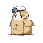  1girl blonde_hair box cardboard_box dated hat hatsuzuki_527 in_box in_container kantai_collection long_hair no_eyewear northampton_(kancolle) peaked_cap simple_background solid_oval_eyes solo translated twitter_username white_background white_headwear 