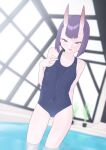  1girl absurdres bangs bare_shoulders blue_swimsuit blush bob_cut breasts collarbone covered_navel eyeliner fate/grand_order fate_(series) highres horns looking_at_viewer makeup one-piece_swimsuit oni oni_horns open_mouth pool purple_eyes purple_hair rei_no_pool school_swimsuit secretperson short_hair shuten_douji_(fate) skin-covered_horns small_breasts smile swimsuit thighs wading water wet 