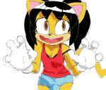  akunim black_hair bottomwear bra brown_eyes bulge clothing domestic_cat felid feline felis female fur genital_outline gloves gynomorph hair handwear honey_the_cat intersex mammal penis_outline shirt shorts smile solo sonic_the_fighters sonic_the_hedgehog_(series) topwear underwear yellow_body yellow_fur 