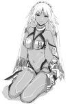  1girl altera_(fate) bandeau bikini breasts choker closed_mouth fate/extella fate/extra fate_(series) gomu_(chewinggom) greyscale headband highres looking_at_viewer medium_breasts medium_hair monochrome navel seiza simple_background sitting smile solo swimsuit veil white_background 