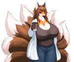  2021 4_fingers 9_tails absurd_res anthro asian_mythology belly big_breasts black_nose breasts brown_body brown_fur brown_hair canid canine chest_tuft claws cleavage clothed clothing coffee_cup collared_shirt cute_fangs dipstick_tail east_asian_mythology female finger_claws fingers fluffy fluffy_tail fox fox_spirit fur hair happy hi_res holding_object huge_breasts inake jean kemono looking_at_viewer mammal multi_tail multicolored_body multicolored_fur multicolored_tail mythology open_mouth open_smile orange_body orange_fur portrait red_eyes shirt simple_background smile solo tank_top three-quarter_portrait tongue topwear tuft white_background white_body white_fur 