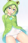  1girl animal_costume animal_hood animal_print arms_behind_back bangs bare_legs blue_eyes coat eyebrows_visible_through_hair frog_costume frog_hood frog_print frog_raincoat green_coat green_hair hair_ornament hood hood_up hooded_coat kaeru_(sasaame) looking_at_viewer open_mouth original pocket puddle rain raincoat sasaame school_swimsuit simple_background sitting solo swimsuit triangle_mouth twintails water wet wet_clothes white_swimsuit 