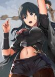  1girl absurdres arm_up armor bangs belt black_armor black_belt black_cape black_shirt black_shorts blue_eyes blue_hair breasts brown_legwear byleth_(fire_emblem) byleth_(fire_emblem)_(female) cape clothing_cutout commentary_request cowboy_shot crop_top dagger eyebrows_visible_through_hair fire_emblem fire_emblem:_three_houses from_below hair_between_eyes hands_up highres holding holding_sword holding_weapon large_breasts long_hair looking_at_viewer motion_blur navel navel_cutout open_mouth pantyhose partial_commentary patterned_clothing sail_(sail-away) shirt short_shorts shorts sidelocks solo standing sword sword_of_the_creator upper_teeth vambraces weapon 