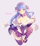  bangs bare_shoulders blue_hair blunt_bangs blush braid breasts cleavage closed_mouth collarbone copyright_name cropped_legs detached_collar dress embarrassed eyebrows_visible_through_hair floating_hair frilled_dress frills frown large_breasts leaning_forward long_hair looking_away maid maid_headdress marija_(muse_dash) muse_dash plate pleated_skirt purple_background purple_eyes purple_legwear shiba_0 sidelocks simple_background skirt skirt_hold strapless strapless_dress sweatdrop thighhighs tsurime zettai_ryouiki 