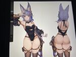  1girl absurdres animal_ears artist_request ass bangs blue_hair breasts bunny_ears cleavage detached_sleeves erune from_behind gloves granblue_fantasy hair_ornament highres long_hair looking_at_viewer purple_eyes skindentation solo thigh_gap thigh_strap thighs tikoh white_gloves work_in_progress 