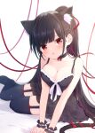  1girl animal_ear_fluff animal_ears arm_support bangs black_camisole black_choker black_hair black_legwear blurry blush bow breasts camisole cat_ears cat_girl cat_tail choker cleavage collarbone commentary_request depth_of_field extra_ears eyebrows_visible_through_hair fangs garter_straps hair_ribbon large_breasts long_hair looking_at_viewer mikaze_oto on_bed open_mouth original ponytail red_bow red_eyes red_ribbon ribbon simple_background solo spaghetti_strap tail tail_bow tail_ornament thighhighs very_long_hair white_background wrist_cuffs 