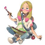  1girl blonde_hair bright_pupils commentary_request facepaint grey_eyes grey_pants hand_up holding holding_paintbrush indian_style iribi_you jewelry kyon_(artist) long_hair mina_(pokemon) notepad official_art oversized_clothes oversized_shirt paintbrush pants poke_ball poke_ball_(basic) pokemon pokemon_(game) pokemon_sm pokemon_tcg ring shirt shoes short_sleeves simple_background sitting sneakers solo spanish_commentary third-party_edit torn_clothes torn_pants white_background white_pupils 