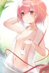  1girl absurdres blurry blush bottle breasts depth_of_field dutch_angle eyeball highres holding holding_bottle ke-ta_(style) komeiji_satori nipples nude partially_submerged pink_eyes pink_hair ri-el small_breasts smile solo third_eye touhou water 