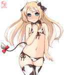  1girl alternate_costume animal_ears animal_print artist_logo bikini blonde_hair blue_eyes commentary_request cow_ears cow_horns cow_print cow_tail cowboy_shot dated embarrassed fake_animal_ears fake_horns flat_chest front-tie_top highres horns jervis_(kancolle) kanon_(kurogane_knights) kantai_collection long_hair look-alike lowleg lowleg_bikini one-hour_drawing_challenge side-tie_bikini simple_background solo swimsuit tail thighhighs white_background white_bikini white_legwear 