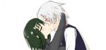  1boy 1girl allen_walker arms_around_neck blush closed_eyes couple d.gray-man facial_mark from_side green_hair hetero kiss lenalee_lee md5_mismatch reyal2420 self_upload short_hair silver_hair simple_background upper_body white_background 