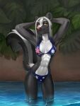  abs anthro arms_above_head australian_flag bikini black_body black_fur breasts bronx23 clothing corvus_(artist) female fluffy fluffy_tail fur hair half-closed_eyes hands_behind_head hi_res looking_at_viewer mammal mephitid multicolored_body multicolored_fur muscular muscular_anthro muscular_female narrowed_eyes outside partially_submerged plant skunk smile solo sonya_mayers striped_tail stripes swimming_pool swimwear two_tone_body two_tone_fur water white_body white_fur white_hair yellow_eyes 