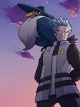  1boy arms_behind_back bird blue_hair closed_mouth cloud cyrus_(pokemon) from_below frown gen_4_pokemon highres honchkrow kyon_(artist) male_focus on_shoulder outdoors pokemon pokemon_(creature) pokemon_(game) pokemon_dppt pokemon_on_shoulder short_hair sky sleeveless sleeveless_jacket spiked_hair team_galactic twilight 
