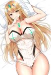  1girl bangs blonde_hair breasts chest_jewel highres large_breasts long_hair mythra_(radiant_beach)_(xenoblade) mythra_(xenoblade) noeomi on_bed solo swept_bangs swimsuit tiara very_long_hair xenoblade_chronicles_(series) xenoblade_chronicles_2 yellow_eyes 