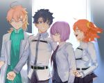  2boys 2girls :d ahoge bangs belt black_belt black_hair black_skirt blue_eyes breasts chaldea_uniform closed_eyes commentary_request cowboy_shot crossed_bangs fate/grand_order fate_(series) from_side fujimaru_ritsuka_(female) fujimaru_ritsuka_(male) glasses grin hair_between_eyes hair_ornament hair_scrunchie highres jacket labcoat long_sleeves looking_at_another mash_kyrielight medium_breasts multiple_boys multiple_girls necktie open_clothes open_jacket open_mouth orange_eyes orange_hair orange_scrunchie pantyhose pink_jacket pleated_skirt romani_archaman scrunchie short_hair side_ponytail skirt smile suzumetarou upper_teeth white_jacket 