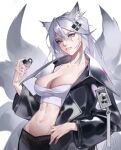  1girl ahri animal_ear_fluff animal_ears arknights badao_zhu_ge bandeau bangs black_jacket breasts cleavage commentary cosplay grey_eyes hair_between_eyes hand_up head_tilt highres holding jacket lappland_(arknights) lappland_(arknights)_(cosplay) large_breasts league_of_legends long_hair long_sleeves looking_at_viewer midriff multiple_tails navel open_clothes open_jacket scar scar_across_eye silver_hair solo stomach strapless tail tubetop upper_body whisker_markings 