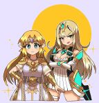  2girls absurdres bangs bare_legs bare_shoulders blonde_hair blush breasts chest_jewel circlet cleavage cleavage_cutout clothing_cutout dress earrings elbow_gloves gem gloves headpiece highres jewelry long_hair looking_at_viewer multiple_girls mythra_(xenoblade) no_legwear omura_zojiki princess_zelda short_dress smile super_smash_bros. swept_bangs the_legend_of_zelda the_legend_of_zelda:_a_link_between_worlds thigh_strap tiara very_long_hair white_dress white_footwear white_gloves xenoblade_chronicles_(series) xenoblade_chronicles_2 yellow_eyes 