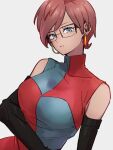  1girl alternate_hair_length alternate_hairstyle android_21 blue_eyes breasts checkered checkered_dress dragon_ball dragon_ball_fighterz dress earrings glasses grey_background hoop_earrings jewelry kemachiku large_breasts long_hair looking_at_viewer red_hair short_hair simple_background solo upper_body 