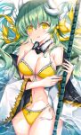  1girl :d bangs bare_shoulders bikini blush bow breasts cleavage commentary_request cowboy_shot detached_collar dragon_girl dragon_horns eyebrows_visible_through_hair fate/grand_order fate_(series) green_hair hair_bow highres holding holding_weapon horns kiyohime_(fate) kiyohime_(swimsuit_lancer)_(fate) large_breasts long_hair long_sleeves looking_at_viewer medium_breasts morizono_shiki navel open_mouth partially_submerged polearm smile solo swimsuit water weapon wide_sleeves yellow_bikini yellow_bow yellow_eyes 