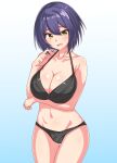  1girl bangs bare_shoulders black_swimsuit breast_rest breasts cleavage confused garukichi hachigatsu_no_cinderella_nine highres large_breasts looking_to_the_side navel open_mouth purple_hair shiny shiny_hair shiny_skin short_hair simple_background solo swimsuit thigh_gap yellow_eyes 