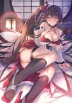  1girl armpit_crease ass azur_lane bare_shoulders bed bed_sheet blush breasts brown_hair choker cleavage collarbone commentary_request detached_sleeves dress eyebrows_visible_through_hair hair_between_eyes hair_ornament hinot japanese_clothes lamp large_breasts legs long_hair long_sleeves looking_at_viewer miniskirt night nose_blush panties pleated_skirt ponytail red_skirt rudder_footwear skirt socks tatami thick_thighs thigh_strap thighs underwear very_long_hair white_panties wide_sleeves zuikaku_(azur_lane) 