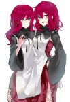  2girls aqua_eyes bangs devola eyebrows_visible_through_hair hair_between_eyes hand_on_hip long_hair long_sleeves medium_hair multiple_girls nier nier_(series) open_mouth popola red_hair retto siblings simple_background smile twins white_background wide_sleeves 