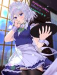  1girl apron black_legwear blue_dress blue_eyes blurry blurry_background blush bow cup dress green_bow green_neckwear hand_on_own_face hand_up highres izayoi_sakuya kettle light looking_at_viewer maid maid_headdress pink_nails short_hair short_twintails silver_hair sky solo thighhighs touhou tray twintails window 