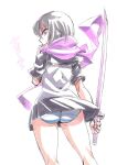  1girl ass black_hair looking_at_viewer ninja_slayer panties purple_eyes scarf short_hair simple_background skirt solo striped striped_panties sword tukiwani underwear weapon white_background yamoto_koki 