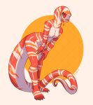  2021 anthro breasts digital_media_(artwork) featureless_breasts female fivel hi_res non-mammal_breasts open_mouth red_eyes reptile scalie simple_background snake solo standing tongue 