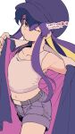  1girl belt copyright_request cowboy_shot eyebrows_visible_through_hair green_eyes hat looking_at_viewer midriff navel one_eye_closed purple_shorts shorts solo tank_top vox white_tank_top 