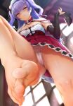  1girl absurdres ajax_(azur_lane) azur_lane bangs barefoot beret blush breasts brown_footwear capelet close-up detached_sleeves eyebrows_visible_through_hair feet foot_focus foot_up foreshortening from_below hat highres holding holding_shoes ipuu_(el-ane_koubou) lace lace-trimmed_panties lace_trim loafers long_hair looking_at_viewer panties pantyshot purple_hair red_eyes red_skirt retrofit_(azur_lane) shoes shoes_removed skirt small_breasts smile solo source_request standing toe-point toes two_side_up underwear white_headwear white_panties 