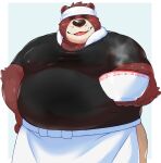  12beat13 2021 anthro apron black_nose blush bodily_fluids bottomwear clothing cute_fangs eyes_closed kemono male mammal overweight overweight_anthro overweight_male pants shirt simple_background solo sweat topwear ursid 