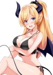  1girl bangs bare_legs bat_tattoo bikini blonde_hair blue_eyes blush breast_hold breast_tattoo breasts cleavage cowboy_shot demon_horns demon_tail demon_wings eyebrows_visible_through_hair frilled_bikini frills hololive horns ky_kosuke large_breasts long_hair looking_at_viewer navel official_alternate_costume open_mouth parted_bangs pointy_ears ponytail scrunchie side-tie_bikini simple_background sitting smile solo string_bikini swimsuit tail tattoo thighs virtual_youtuber white_background wings yuzuki_choco 