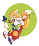  1girl animal_ears circle dated fang fox_ears fox_girl fox_tail full_body highres medium_hair open_mouth orange_hair outstretched_arms pants red_footwear red_pants ruoshui_(the_legend_of_luoxiaohei) shirt shoes sleeveless sleeveless_shirt smile solo tail the_legend_of_luo_xiaohei twitter_username vox 