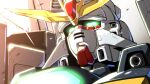  after_war_gundam_x close-up glowing glowing_eyes gradient gradient_background gundam gundam_double_x highres mecha no_humans portrait shouji_nigou v-fin 